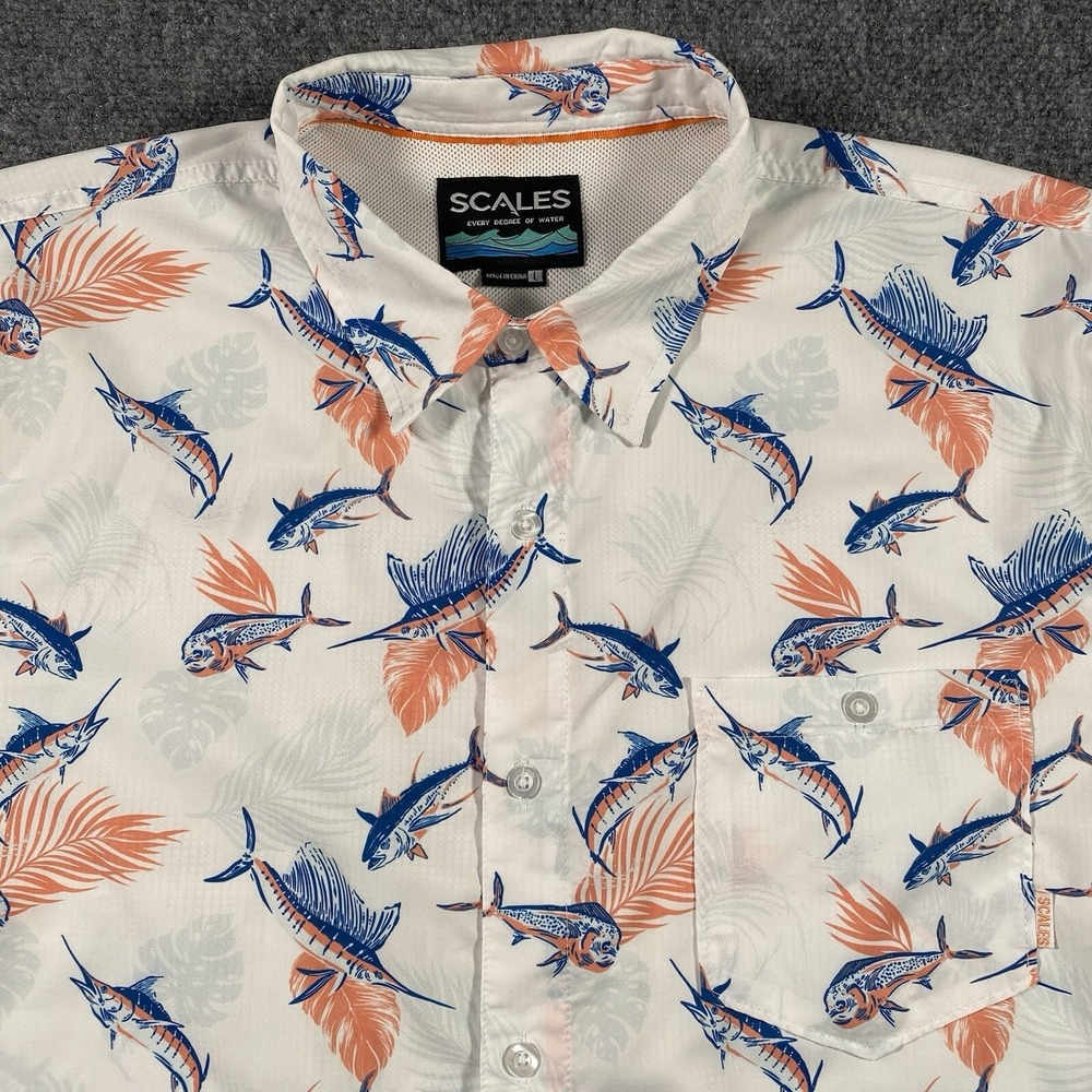 Scales Vented Fishing Button Shirt Mens Large Mahi Marlin Tuna All Over Print